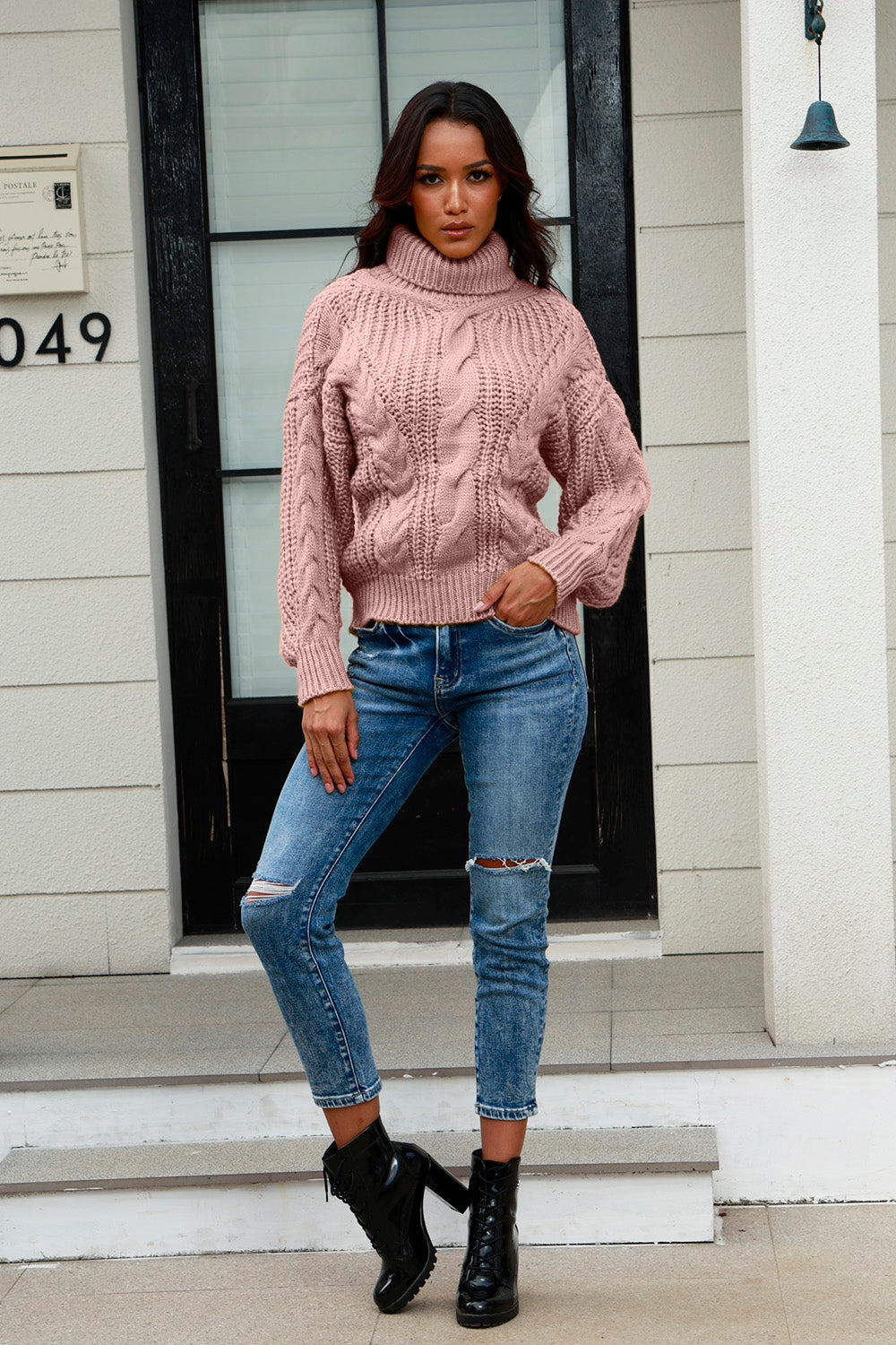 Cable-Knit Turtleneck Long Sleeve Sweater - Tantalize Boutique
