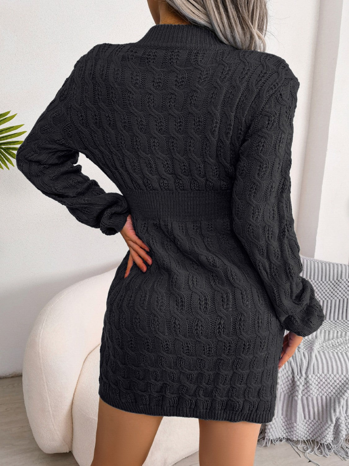 Cable-Knit Round Neck Mini Wrap Sweater Dress - Tantalize Boutique