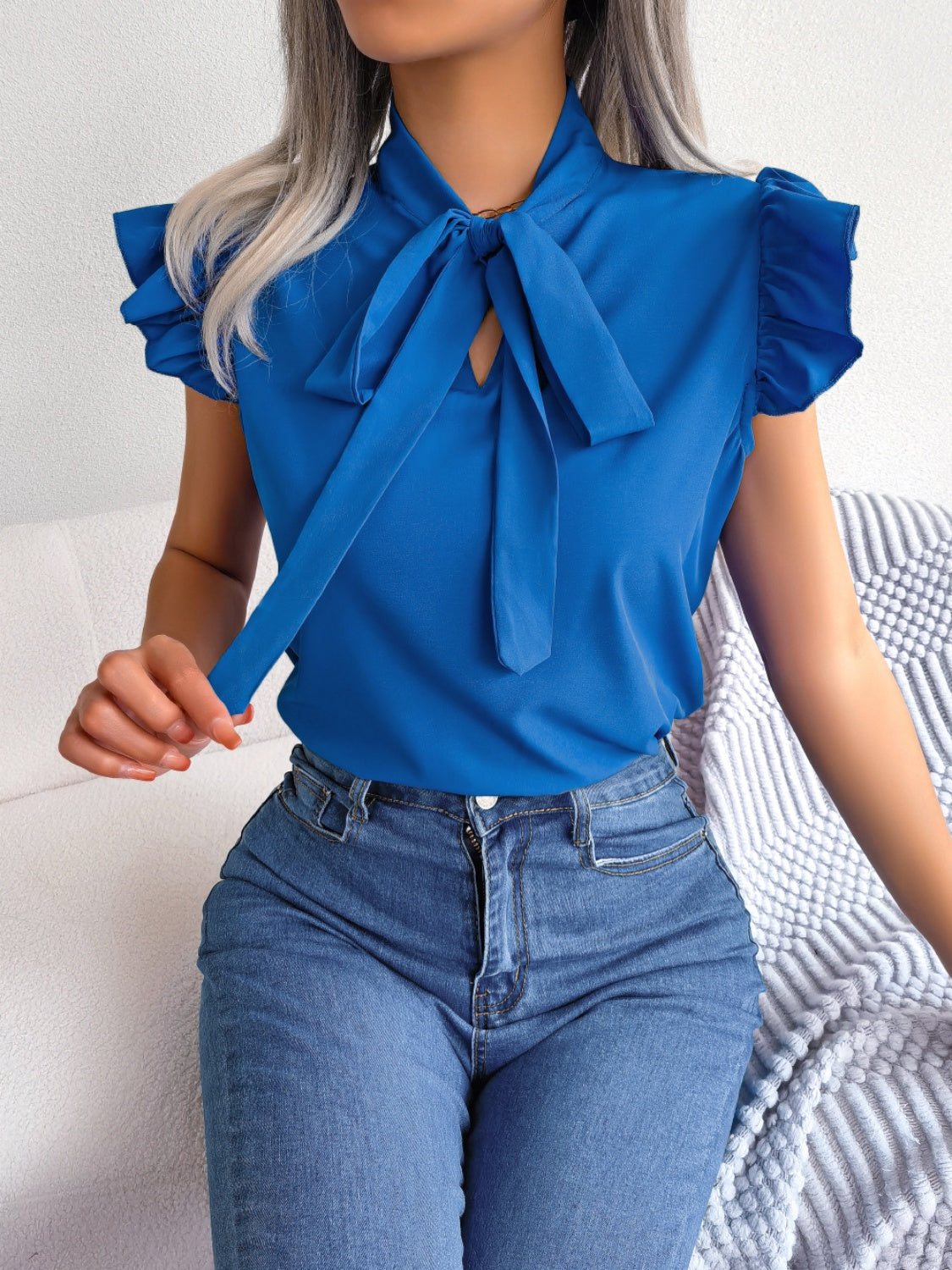 Tie  Neck Cap Sleeve Blouse - Tantalize Boutique