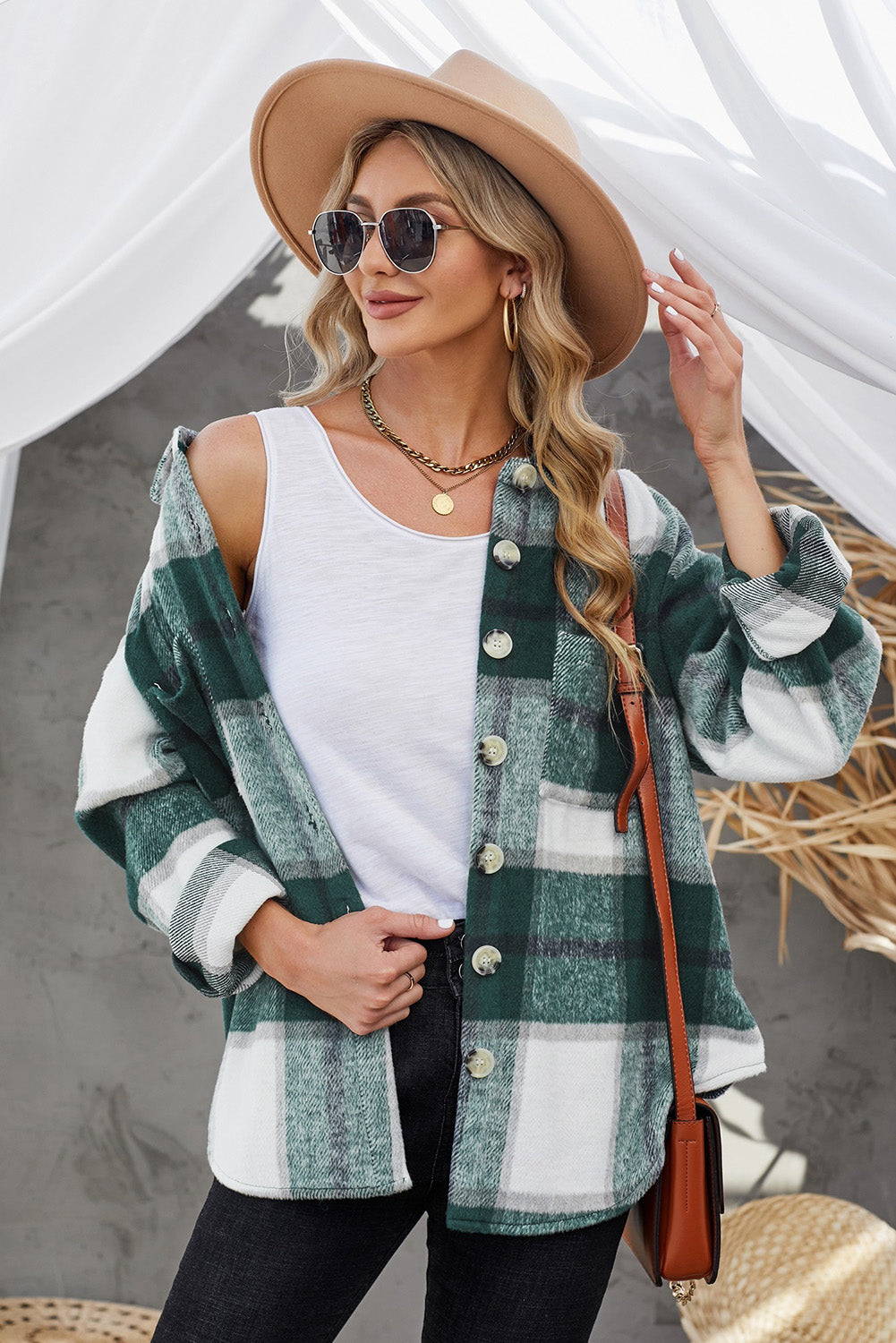 Plaid Button Up Dropped Shoulder Jacket - Tantalize Boutique