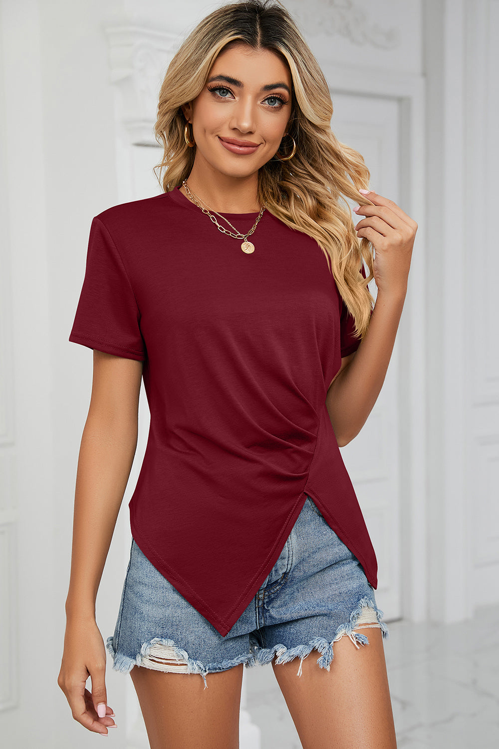 Ruched Round Neck Short Sleeve T-Shirt - Tantalize Boutique