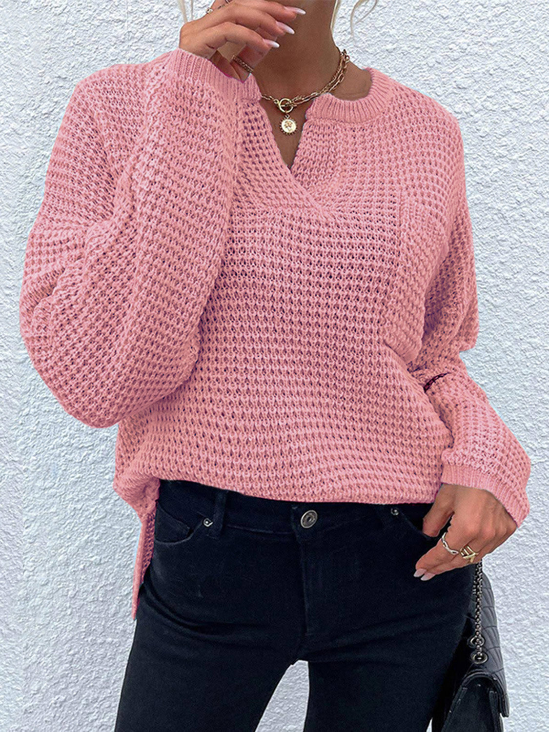 Notched Long Sleeve Sweater - Tantalize Boutique