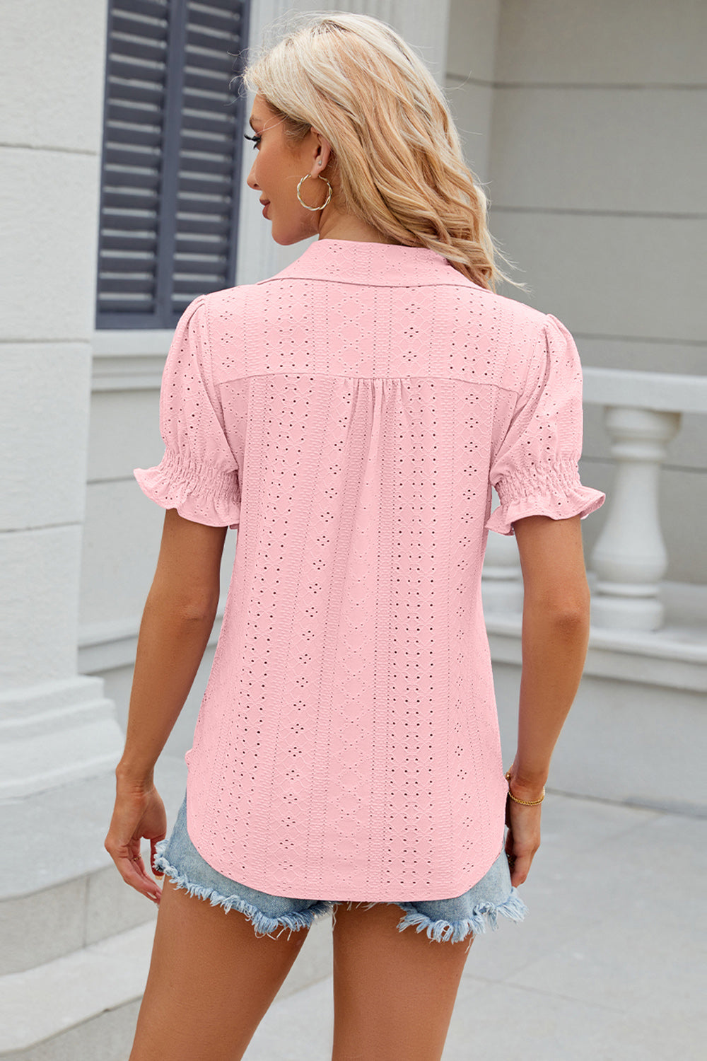 Eyelet Johnny Collar Short Sleeve Blouse - Tantalize Boutique