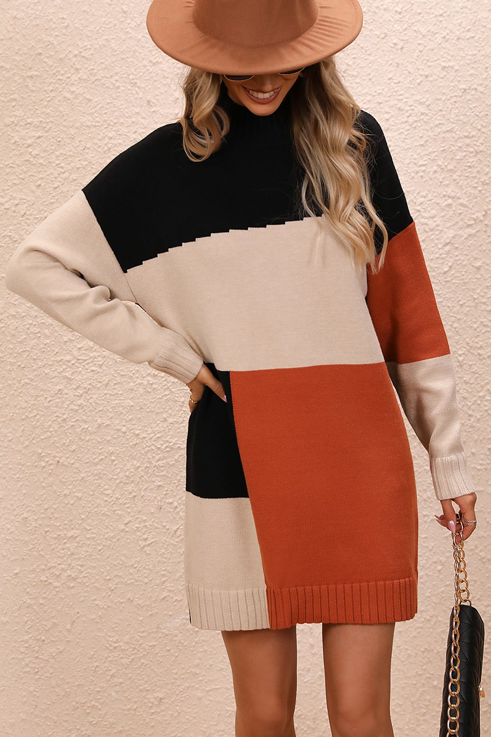 Color Block Mock Neck Dropped Shoulder Sweater Dress - Tantalize Boutique