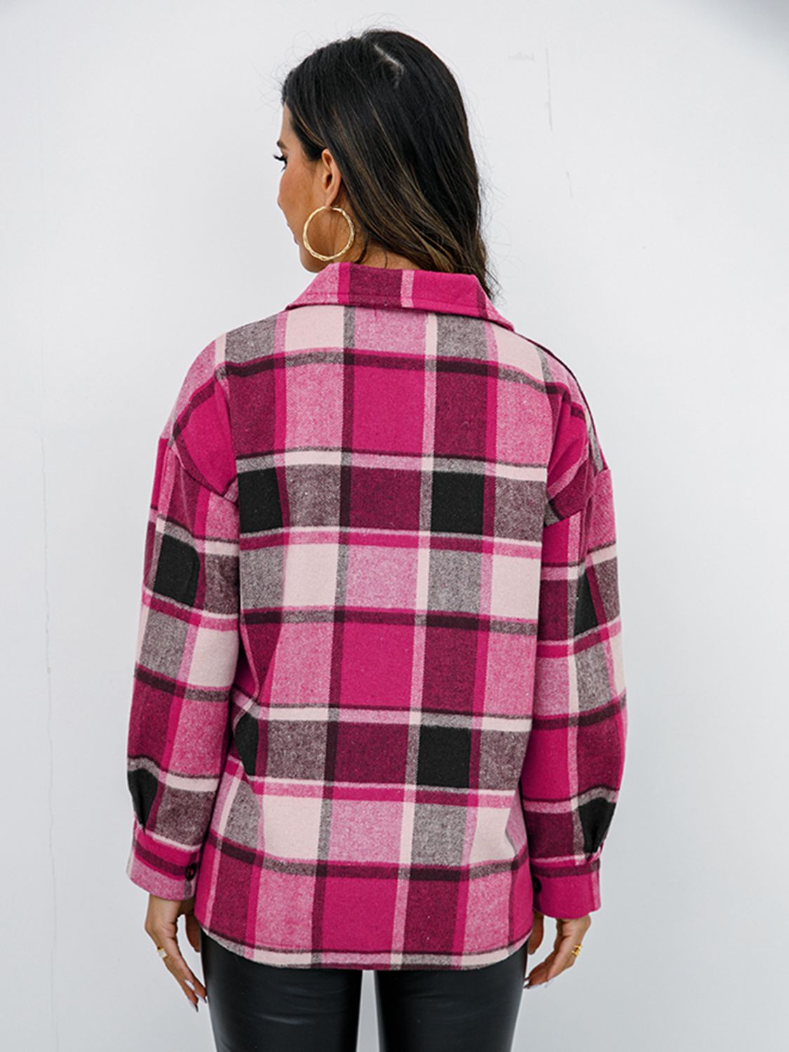 Plaid Button Up Collared Neck Jacket - Tantalize Boutique