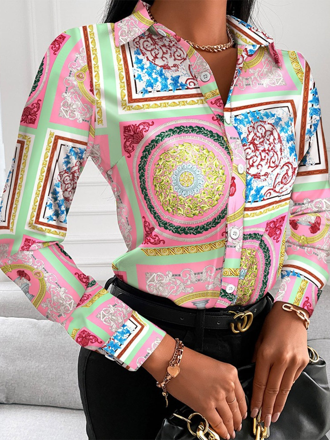 Printed Collared Neck Long Sleeve Shirt - Tantalize Boutique