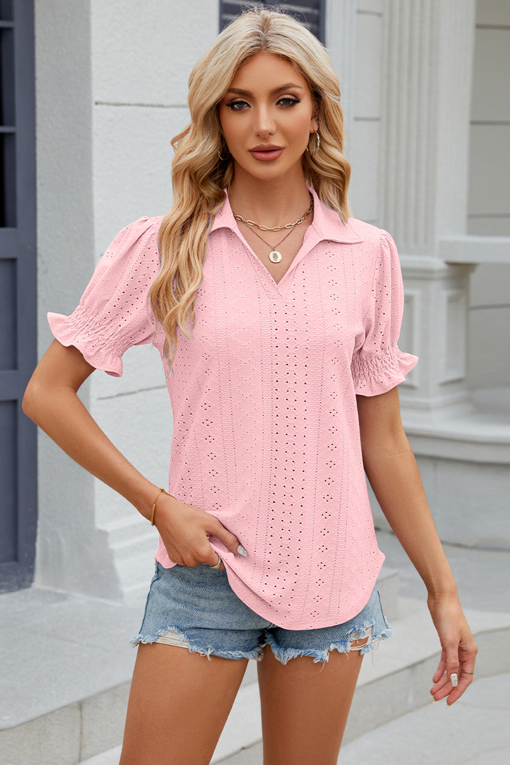 Eyelet Johnny Collar Short Sleeve Blouse - Tantalize Boutique