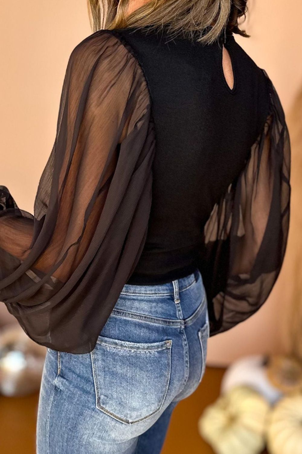 Mock Neck Balloon Sleeve Blouse - Tantalize Boutique