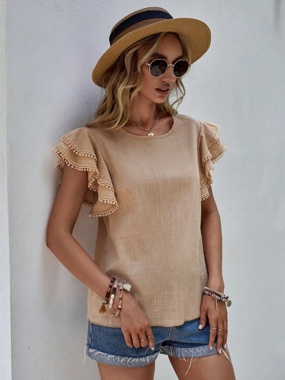 Ruffled Cap Sleeve Round Neck Blouse - Tantalize Boutique
