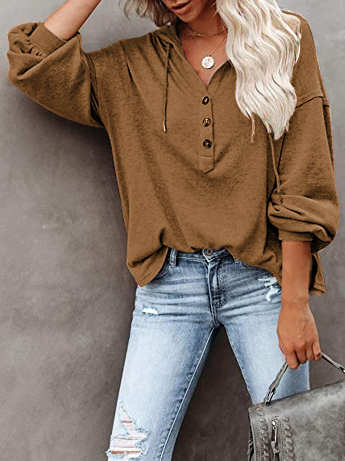 Buttoned Drop Shoulder Hoodie - Tantalize Boutique