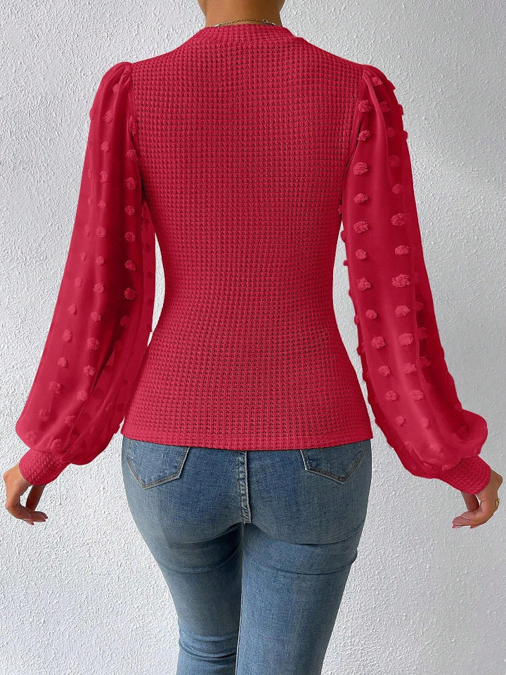 Swiss Dot Waffle-Knit Lantern Sleeve T-Shirt - Tantalize Boutique