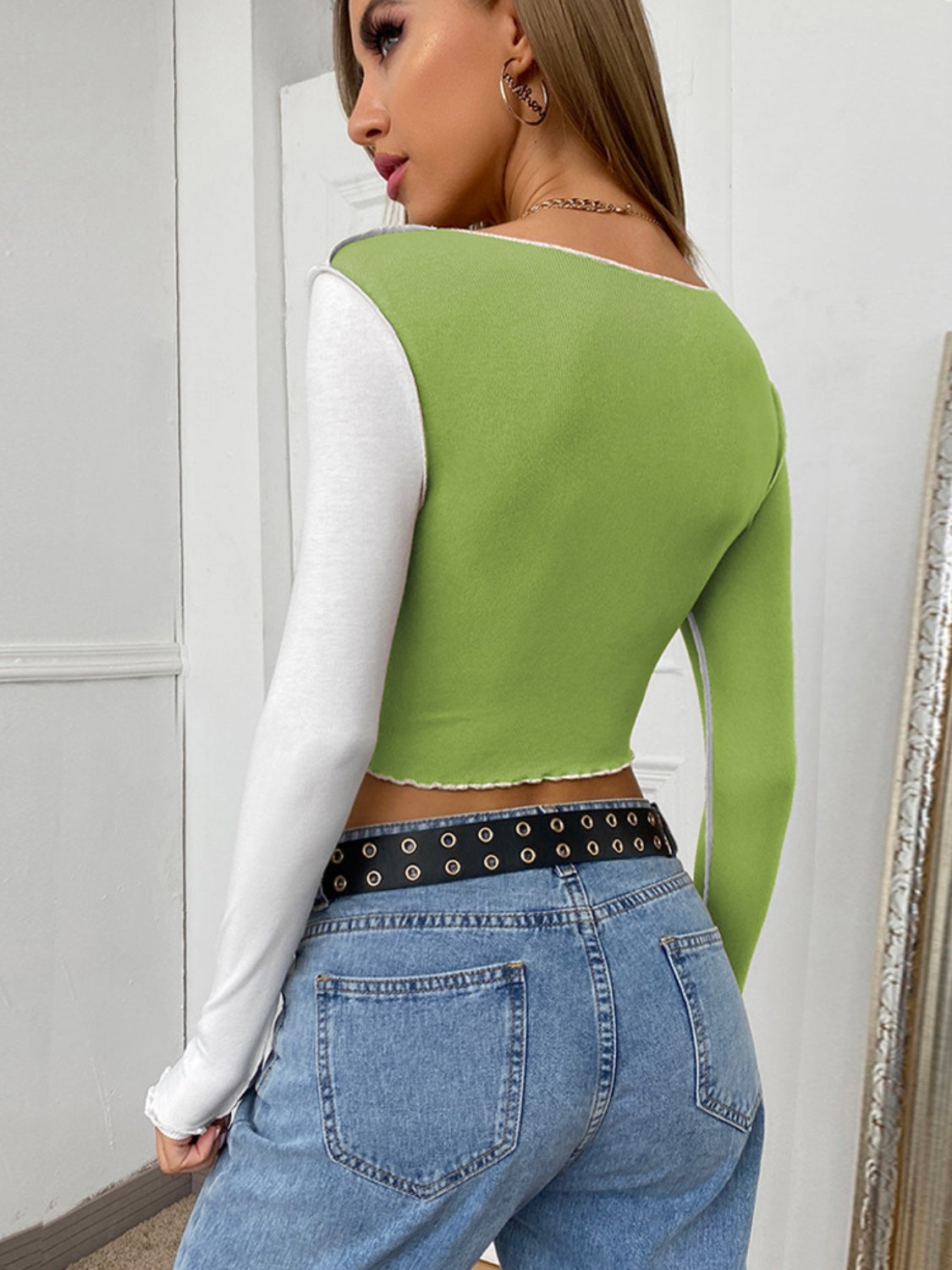 Exposed Seam Color Block Long Sleeve T-Shirt - Tantalize Boutique