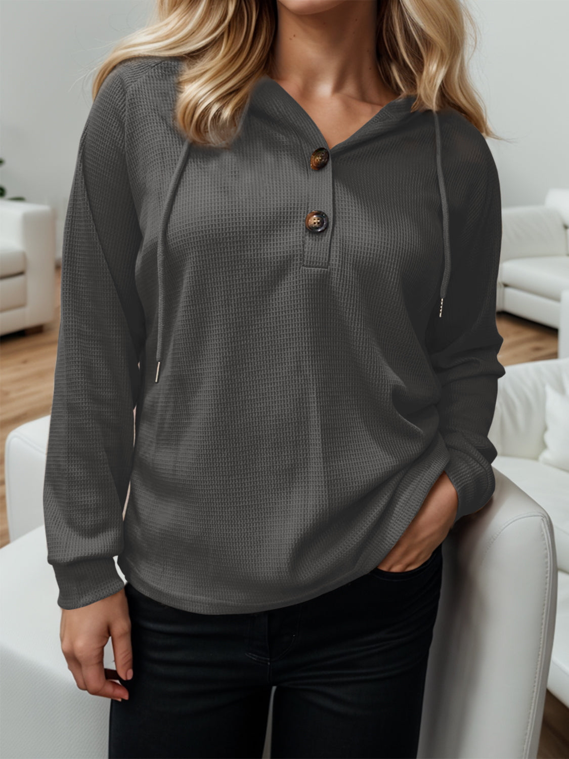 Waffle-Knit Drawstring Quarter Button Hoodie - Tantalize Boutique