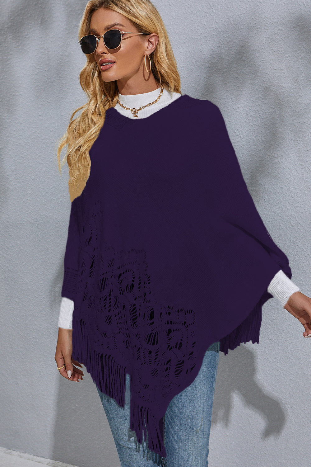 Round Neck Fringe Detail Poncho - Tantalize Boutique