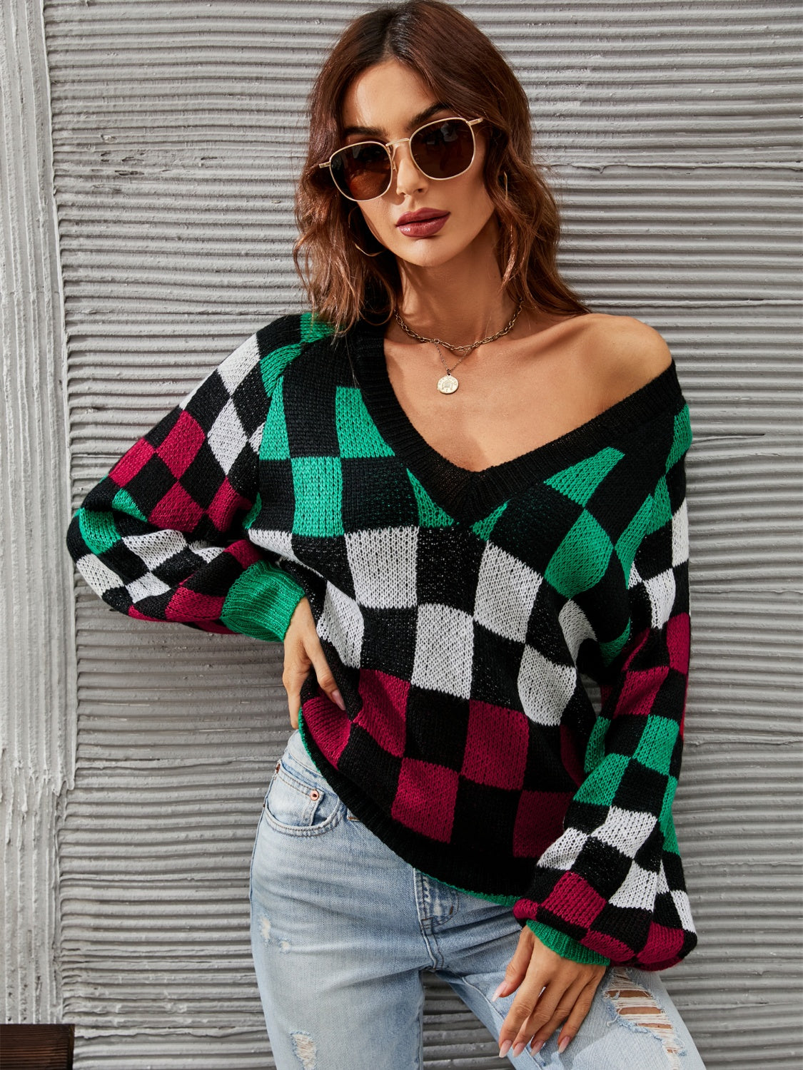 Checkered V-Neck Lantern Sleeve Sweater - Tantalize Boutique