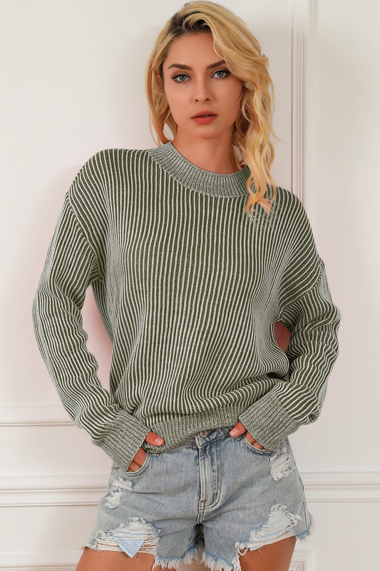 Striped Mock Neck Dropped Shoulder Sweater - Tantalize Boutique