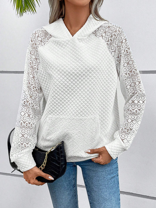 Lace Openwork Kangaroo Pocket Hoodie - Tantalize Boutique