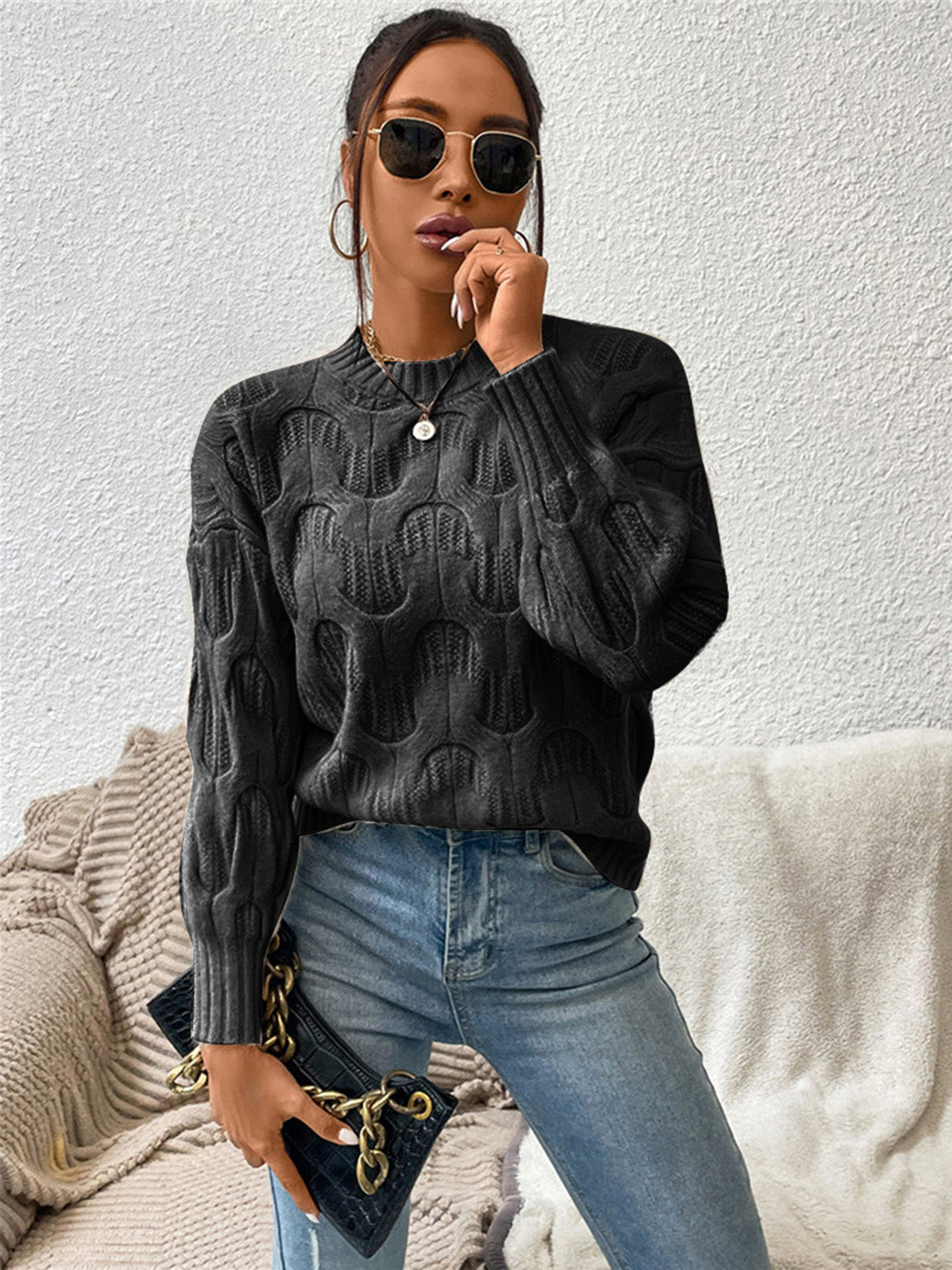 Round Neck Long Sleeve Sweater - Tantalize Boutique