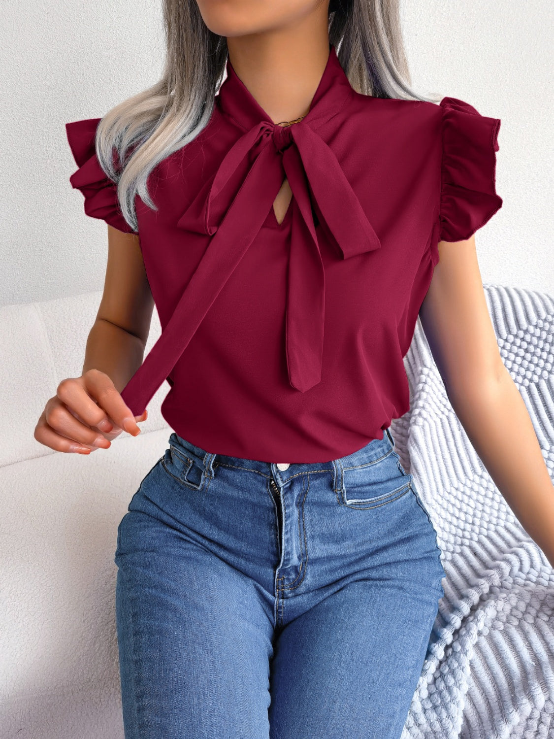 Tie  Neck Cap Sleeve Blouse - Tantalize Boutique