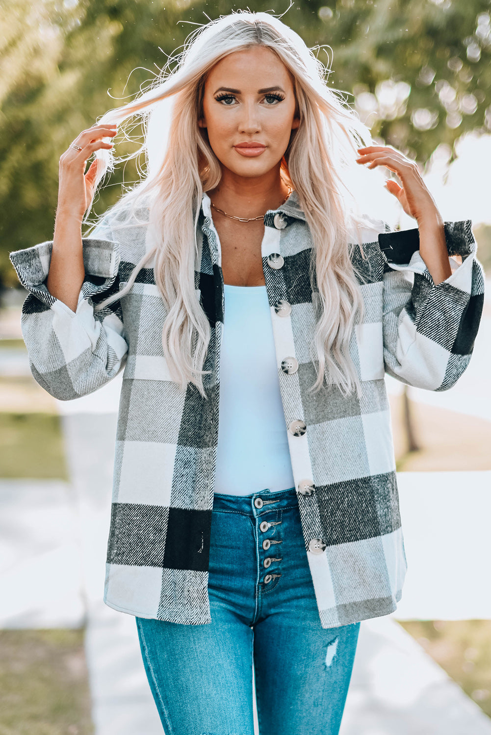 Plaid Button Up Dropped Shoulder Jacket - Tantalize Boutique