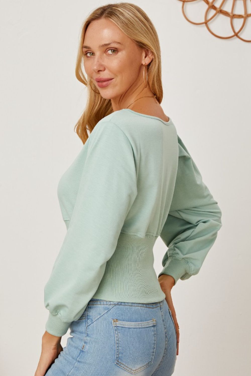 Boat Neck Lantern Sleeve Blouse - Tantalize Boutique