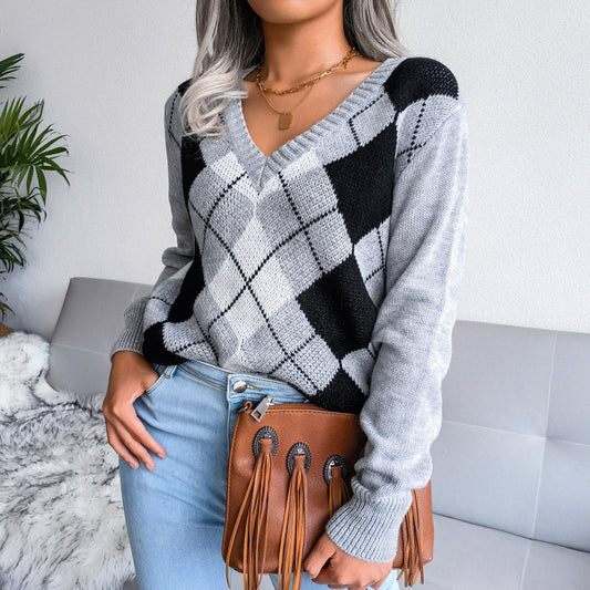 Geometric V-Neck Sweater - Tantalize Boutique