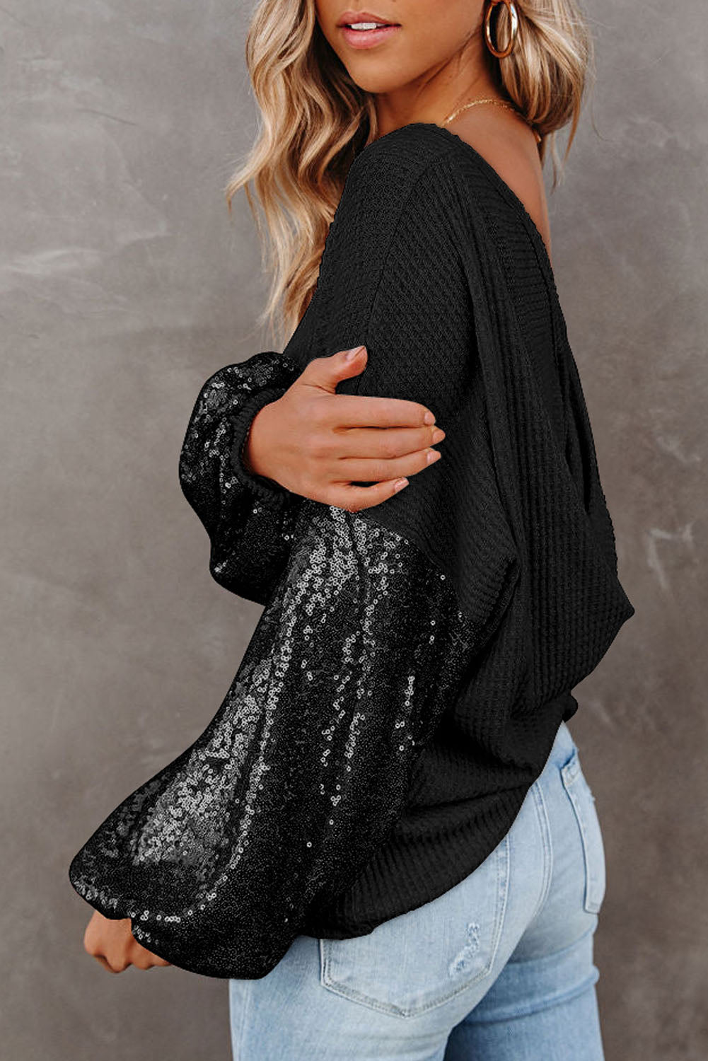 Sequin Waffle-Knit Blouse - Tantalize Boutique