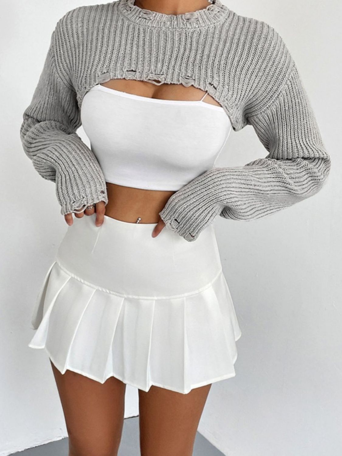 Distressed Long Sleeve Cropped Sweater - Tantalize Boutique