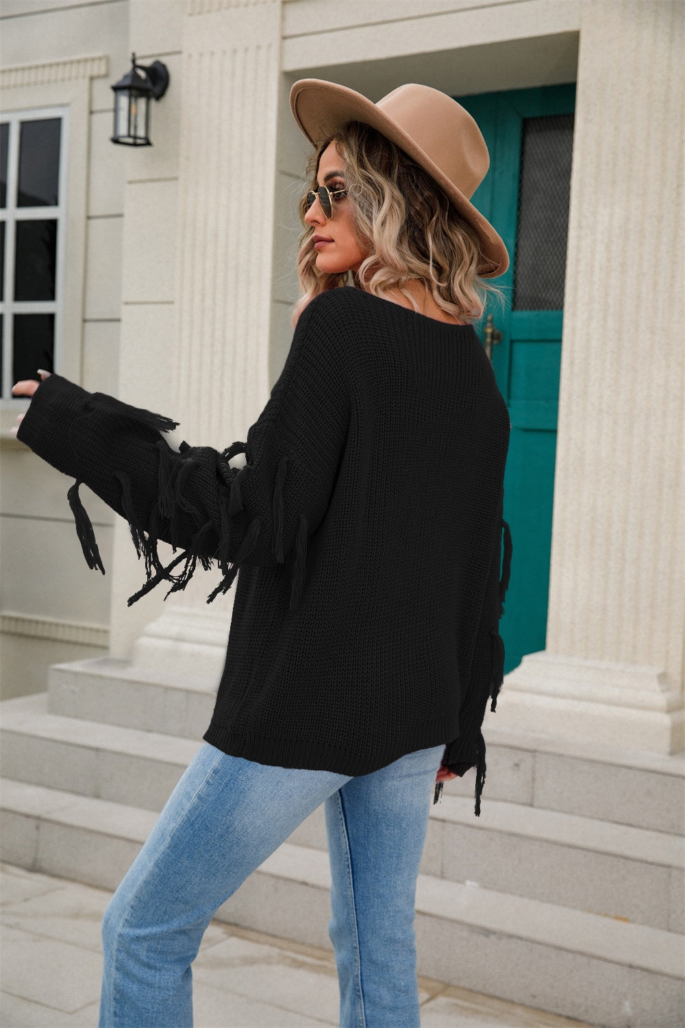 Fringe Round Neck Dropped Shoulder Sweater - Tantalize Boutique
