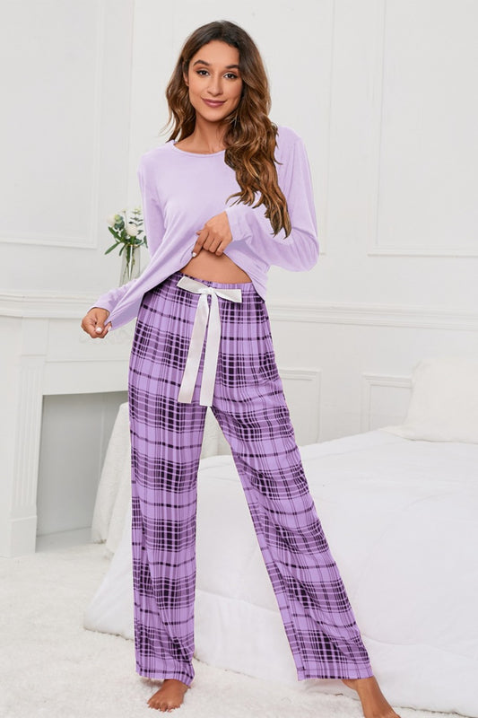 Round Neck Long Sleeve Top and Bow Plaid Pants Lounge Set - Tantalize Boutique