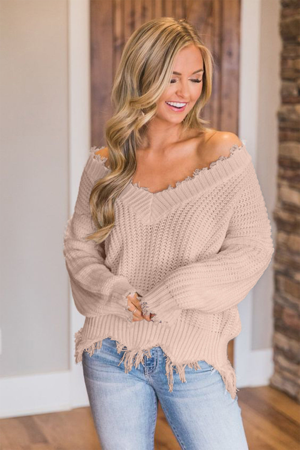 Frayed Hem Dropped Shoulder Sweater - Tantalize Boutique