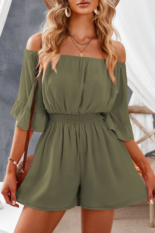 Off-Shoulder Smocked Waist Flounce Sleeve Romper - Tantalize Boutique