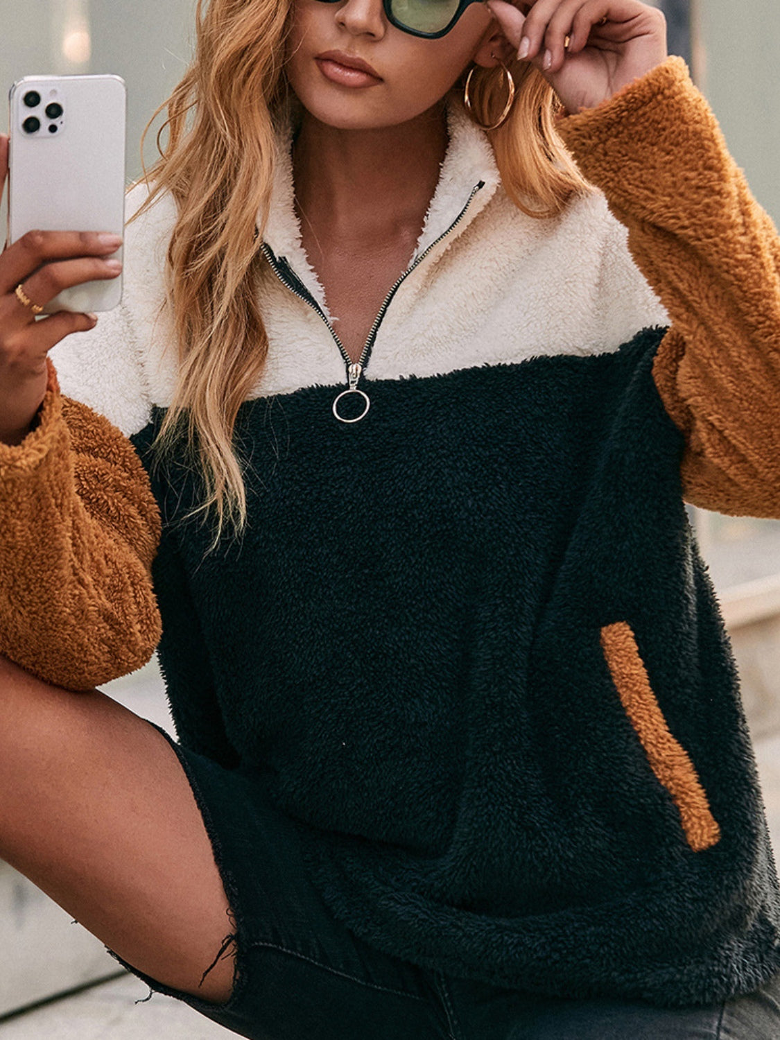 Color Block Quarter Zip Dropped Shoulder Sweatshirt - Tantalize Boutique