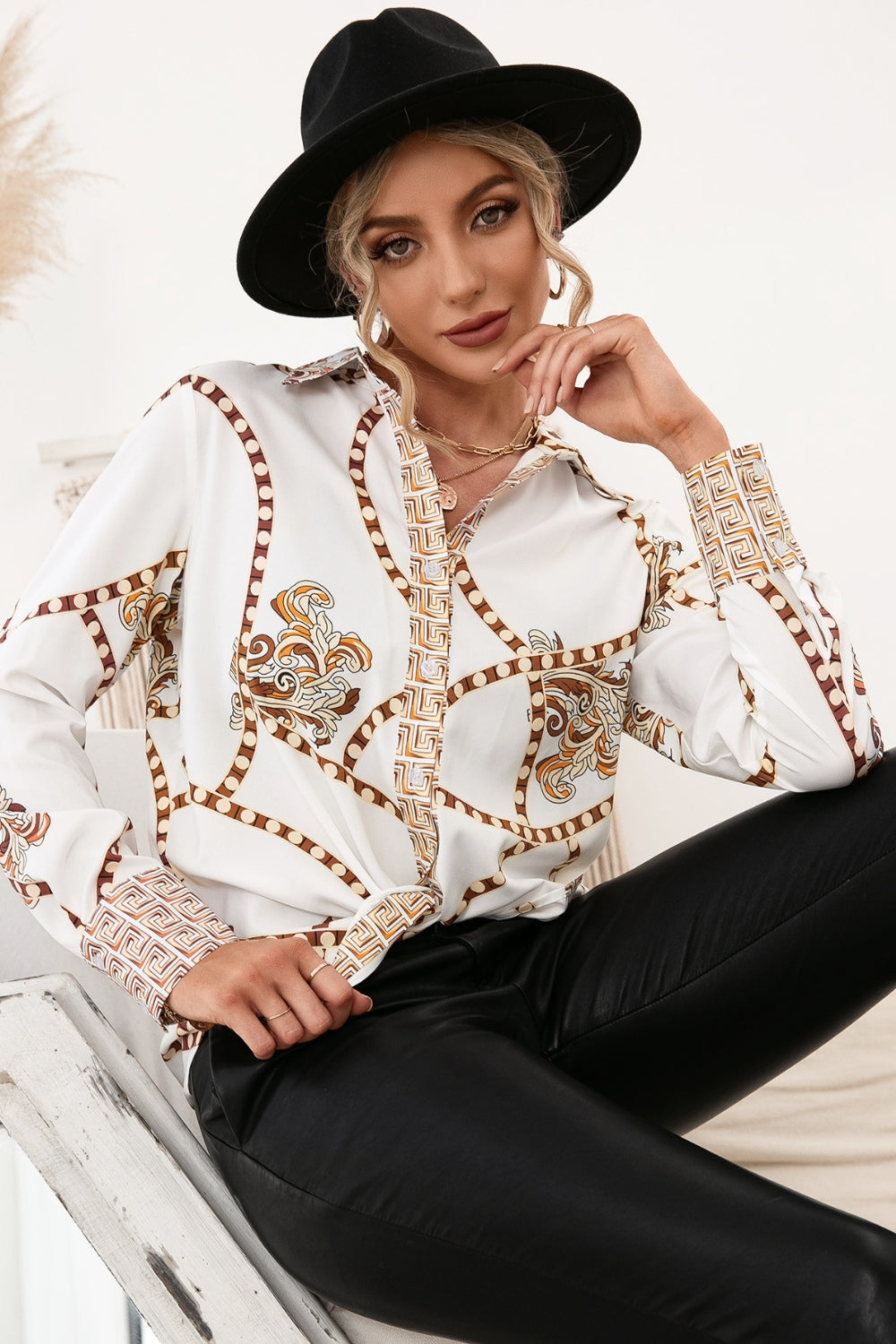 Printed Button Up Long Sleeve Shirt - Tantalize Boutique