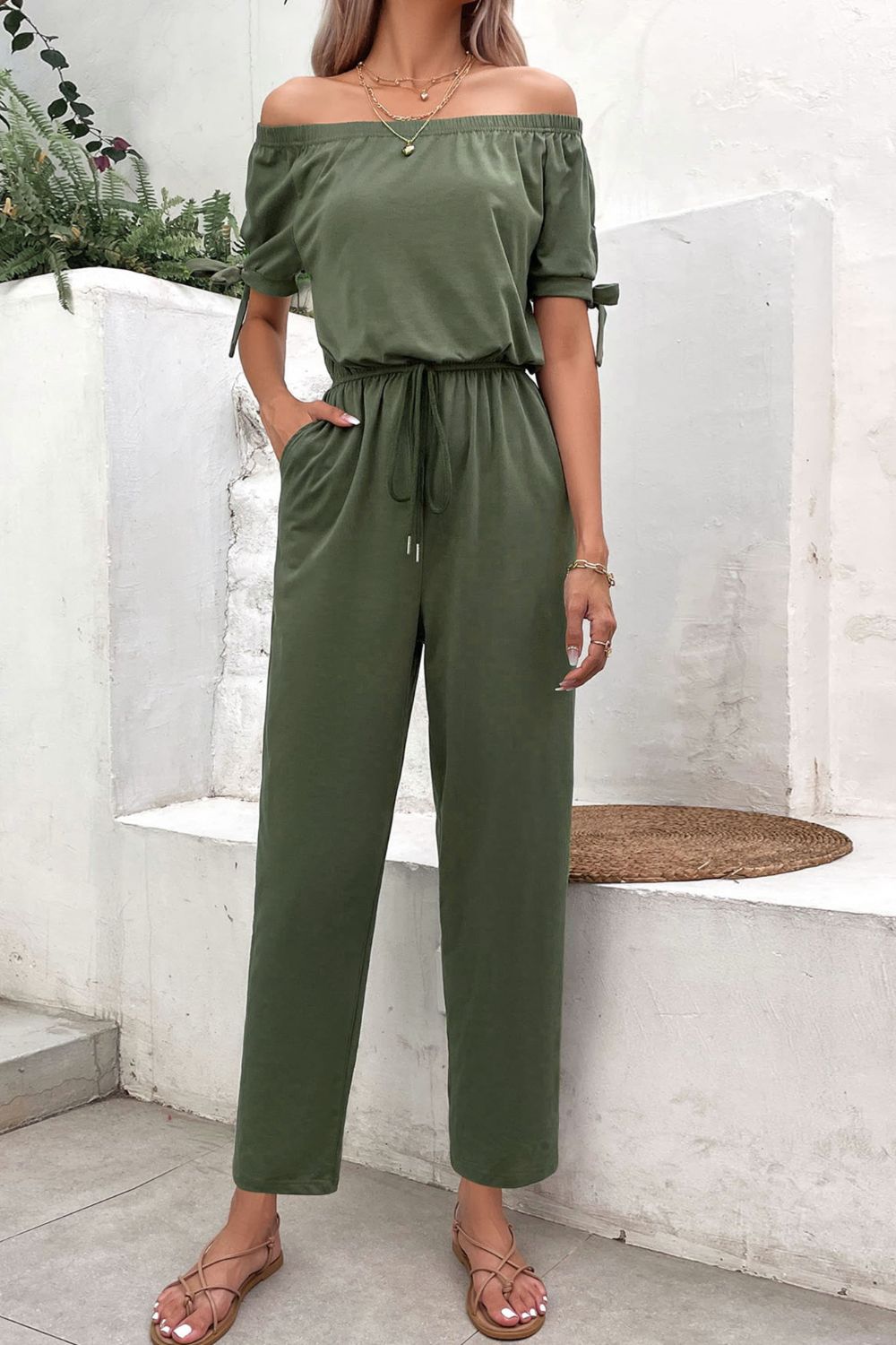 Off-Shoulder Tie Cuff Jumpsuit with Pockets - Tantalize Boutique