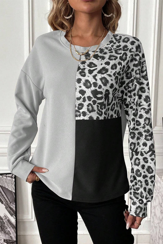 Leopard Color Block Round Neck T-Shirt - Tantalize Boutique
