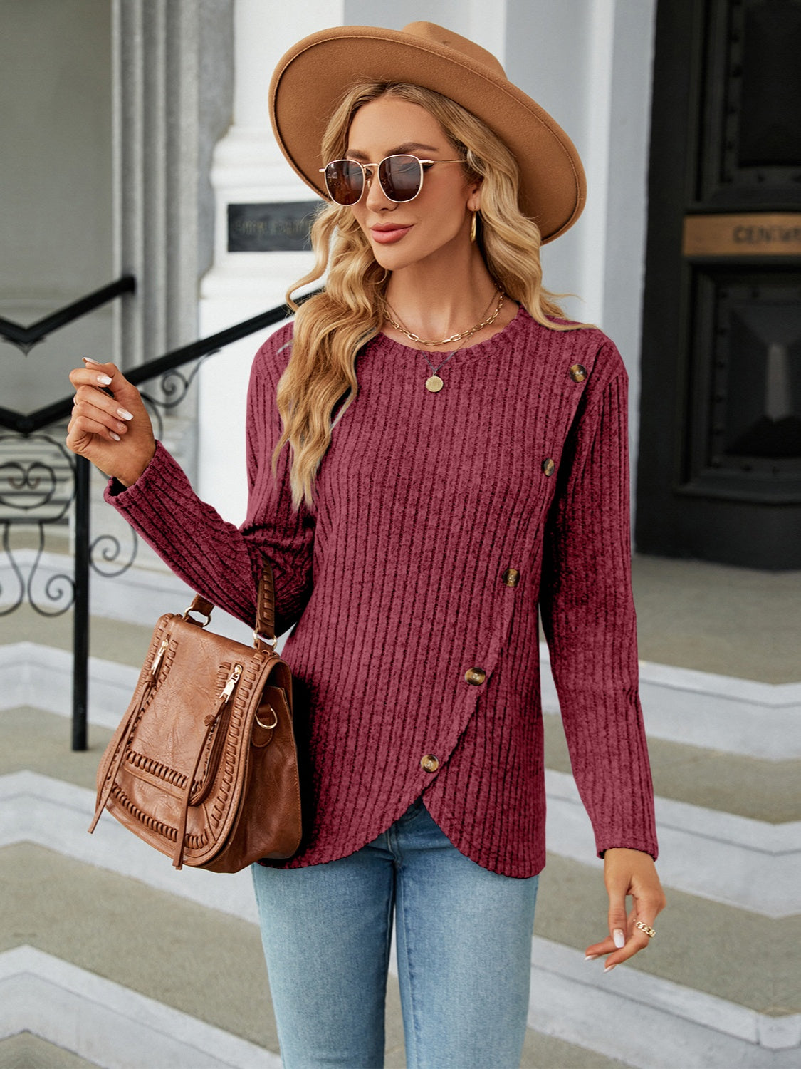 Round Neck Long Sleeve Blouse - Tantalize Boutique