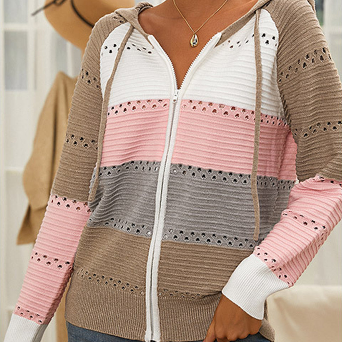 Color Block  Drawstring Hooded Sweater - Tantalize Boutique