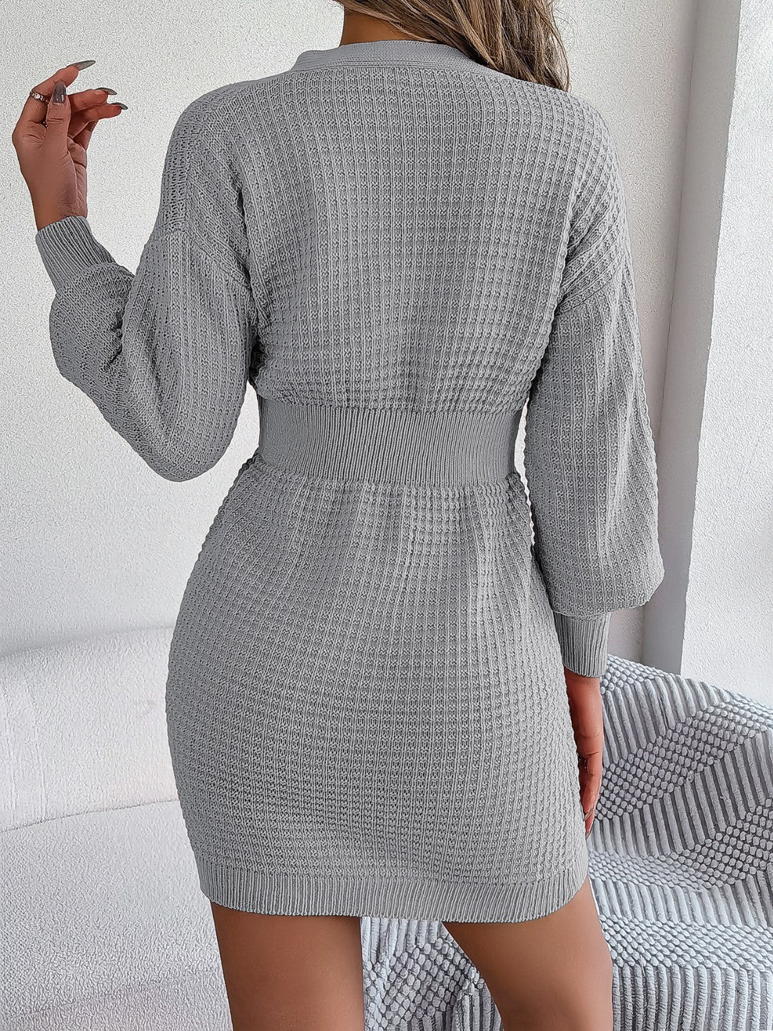 Buttoned Cable-Knit V-Neck Sweater Dress - Tantalize Boutique