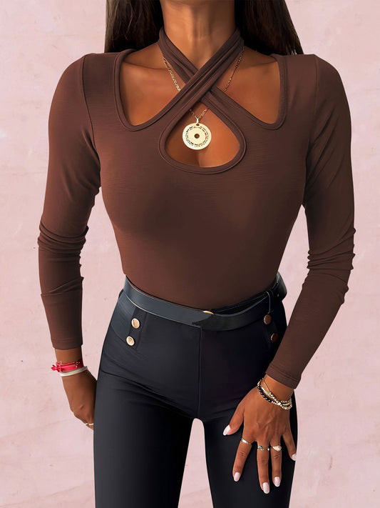 Crisscross Halter Neck Long Sleeve T-Shirt - Tantalize Boutique