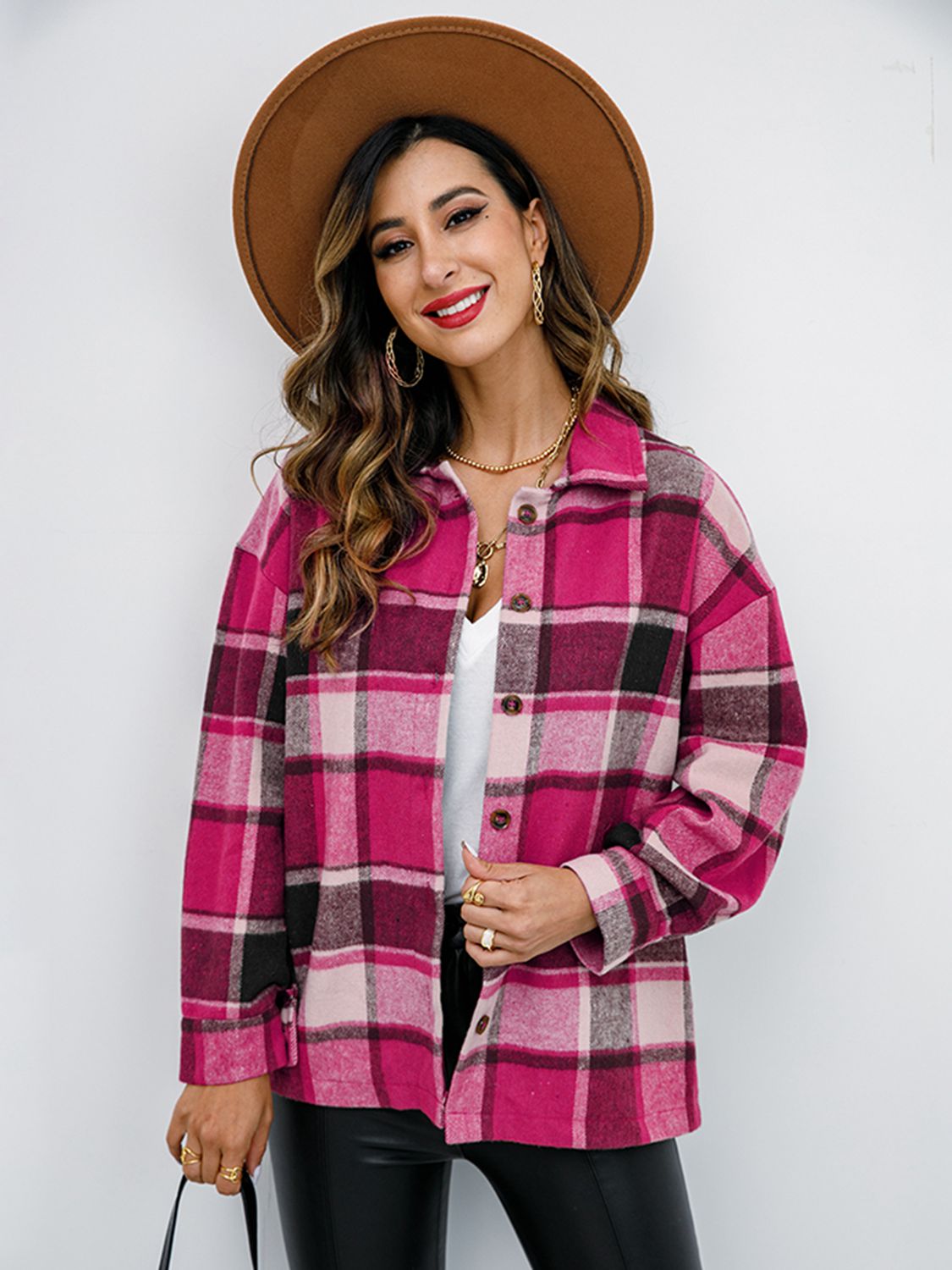 Plaid Button Up Collared Neck Jacket - Tantalize Boutique