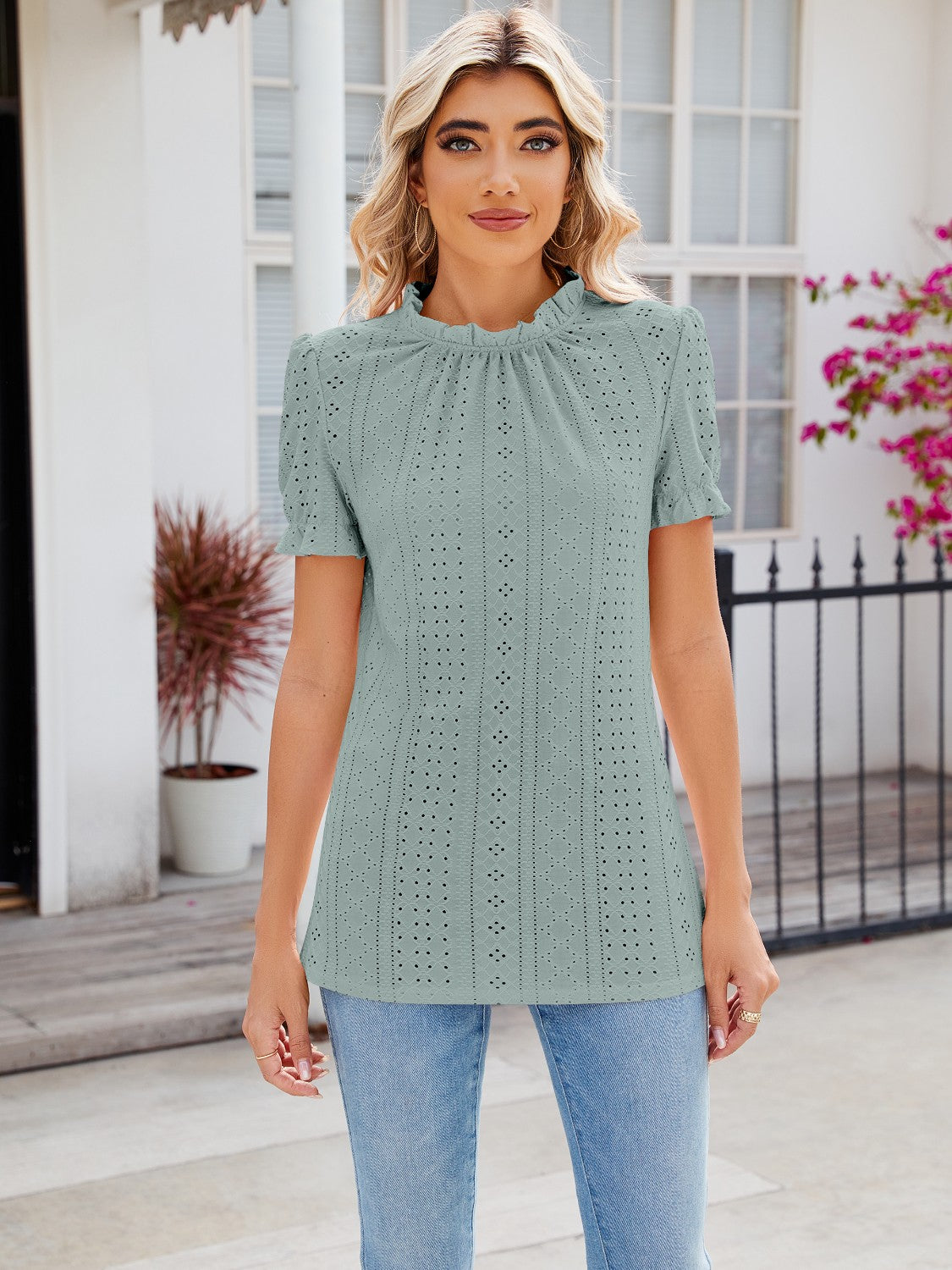 Eyelet Frill Mock Neck Flounce Sleeve Blouse - Tantalize Boutique