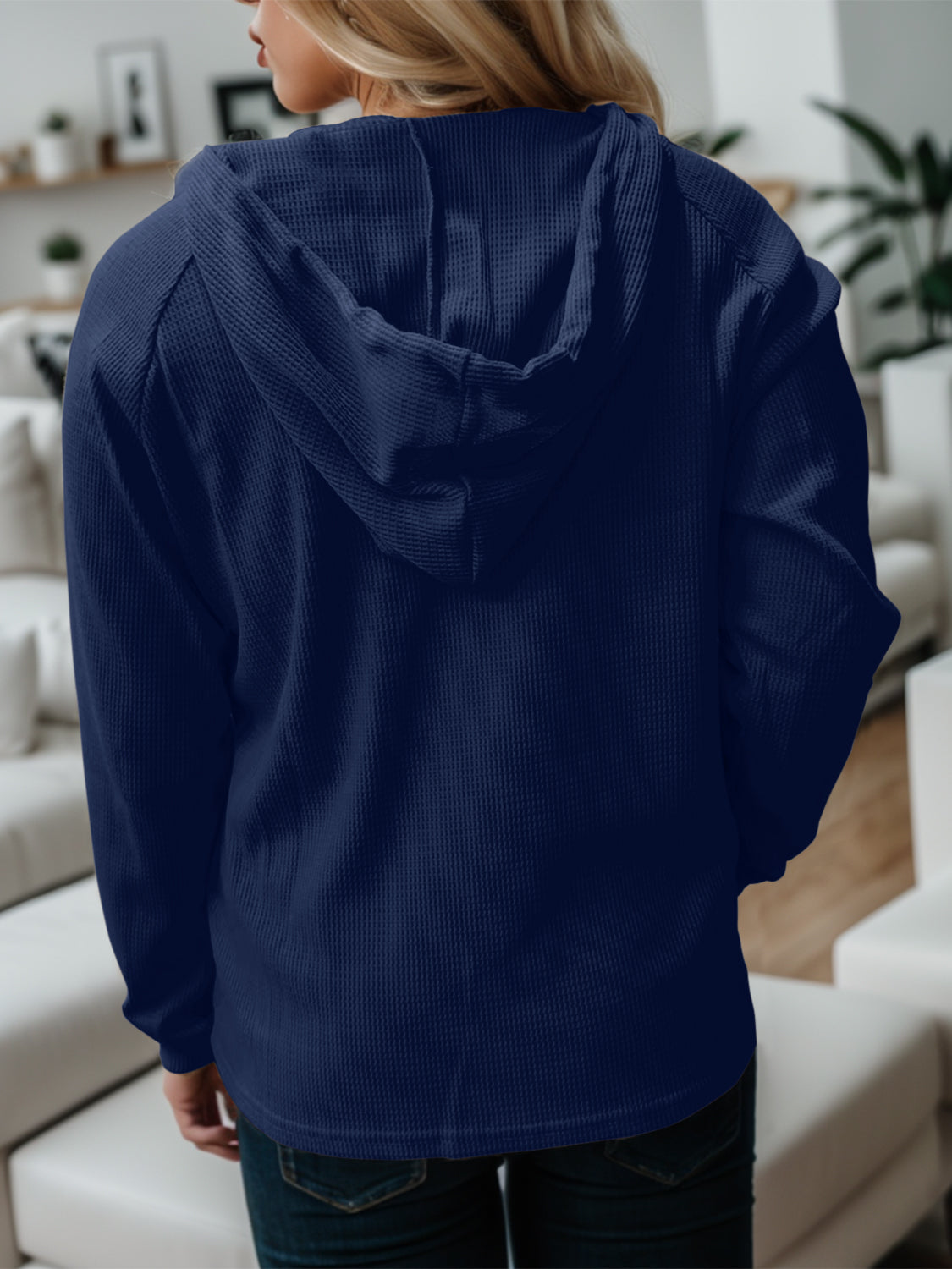 Waffle-Knit Drawstring Quarter Button Hoodie - Tantalize Boutique