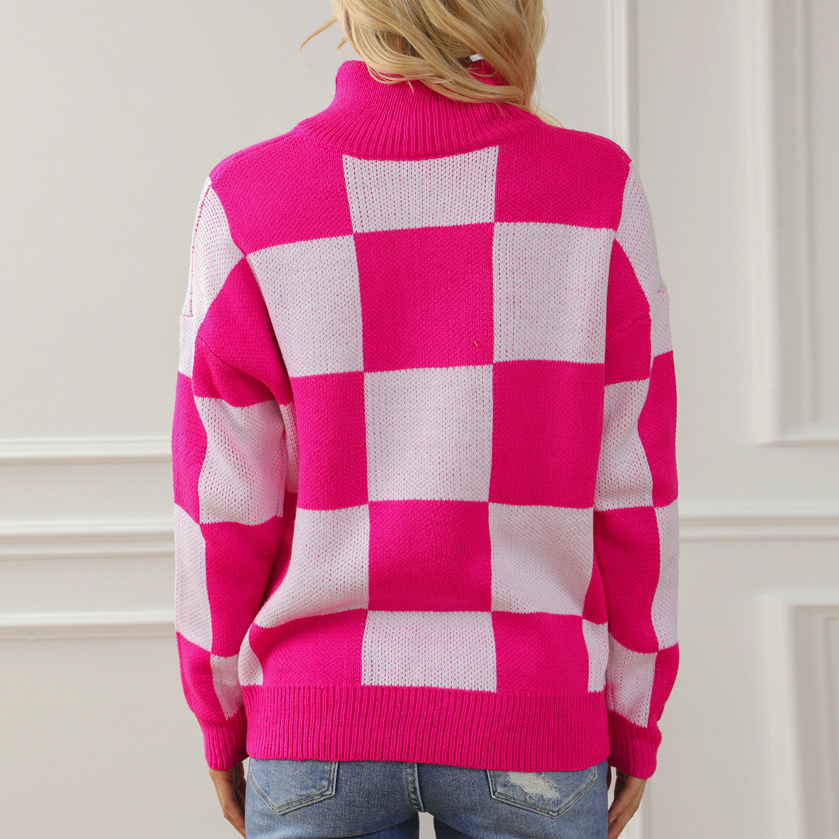 Checkered Half Zip Long Sleeve Sweater - Tantalize Boutique