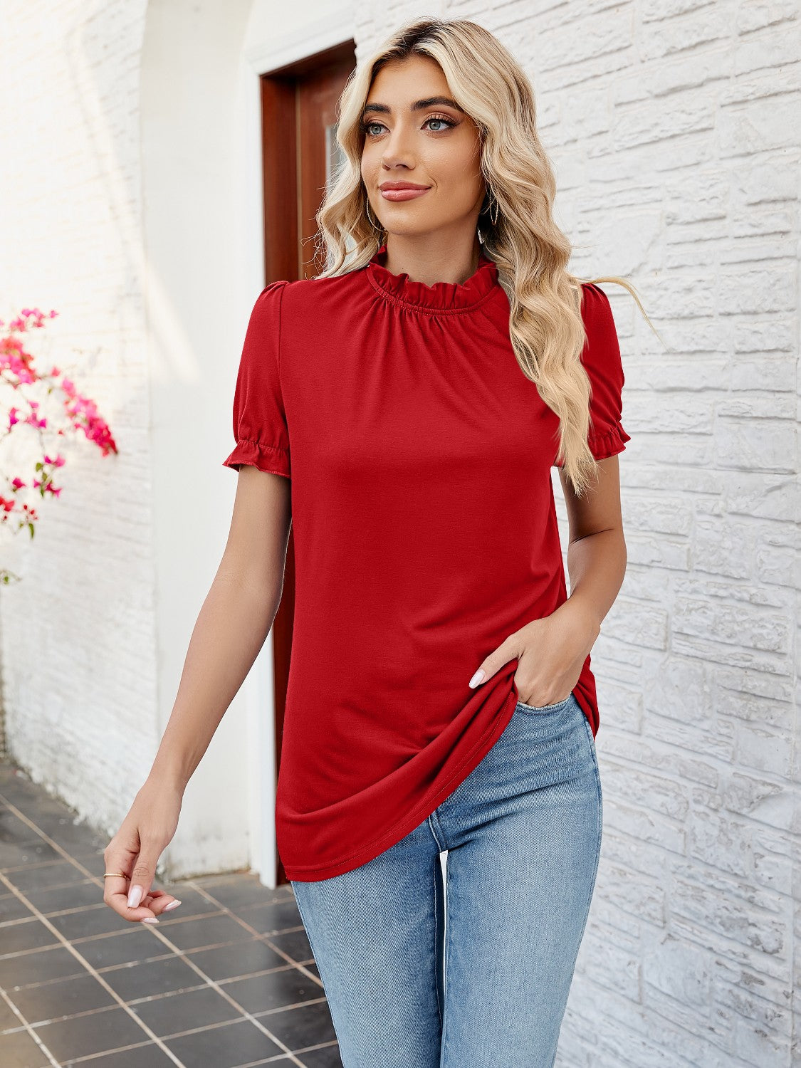 Frill Mock Neck Flounce Sleeve Blouse - Tantalize Boutique
