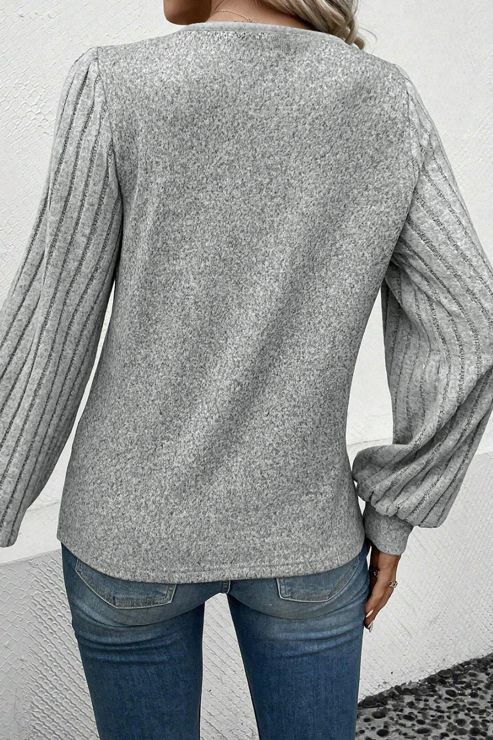 Decorative Button V-Neck Lantern Sleeve Blouse - Tantalize Boutique