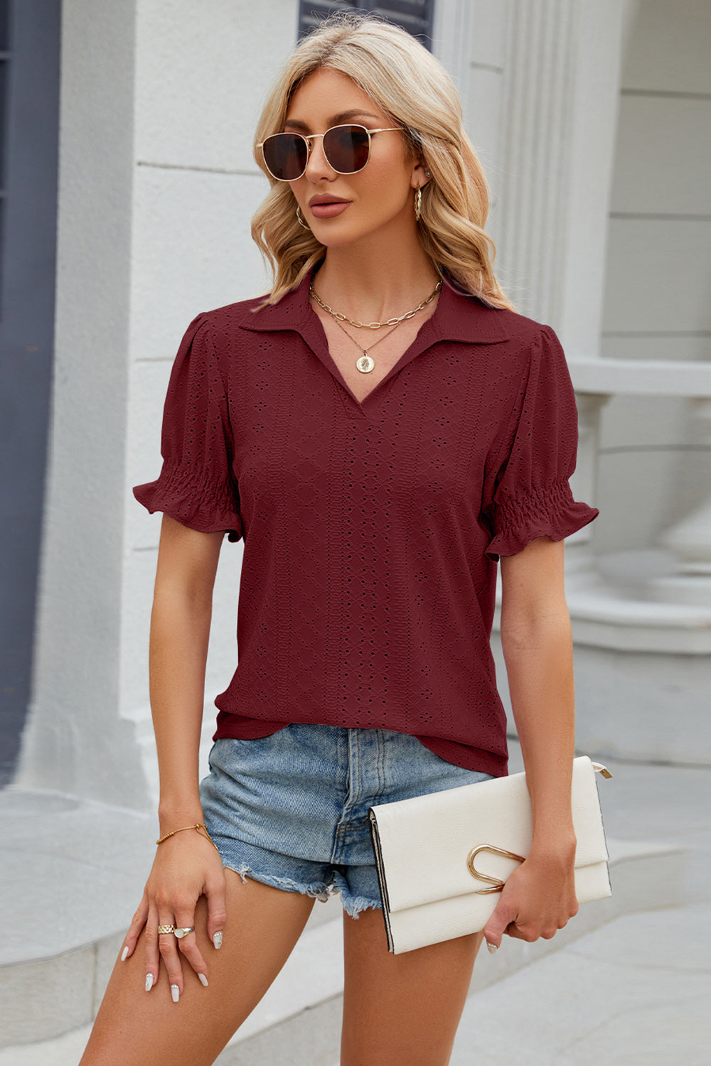 Eyelet Johnny Collar Short Sleeve Blouse - Tantalize Boutique