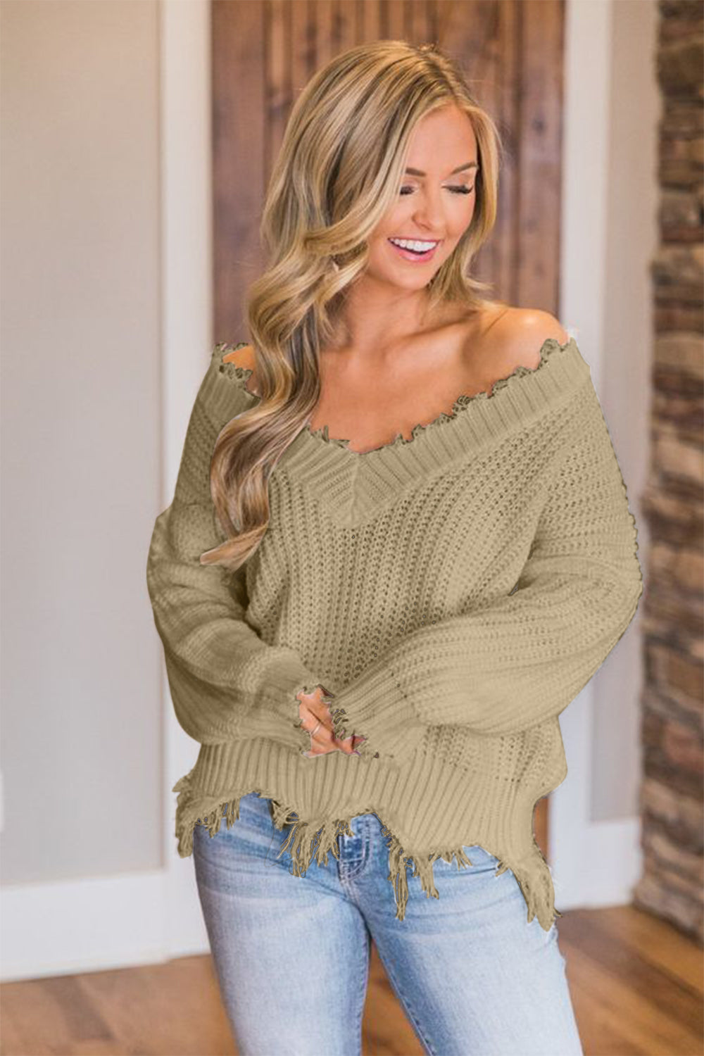 Frayed Hem Dropped Shoulder Sweater - Tantalize Boutique