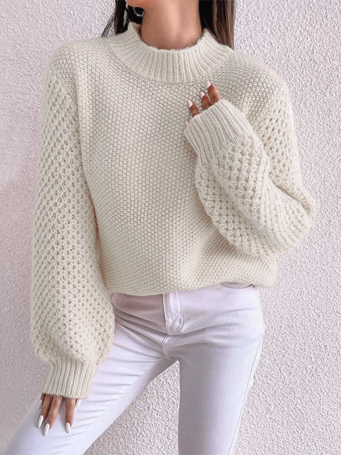 Openwork Mock Neck Long Sleeve Sweater - Tantalize Boutique
