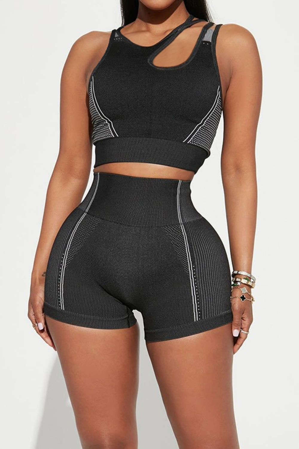 Asymmetrical Neck Striped Tank and Shorts Active Set - Tantalize Boutique
